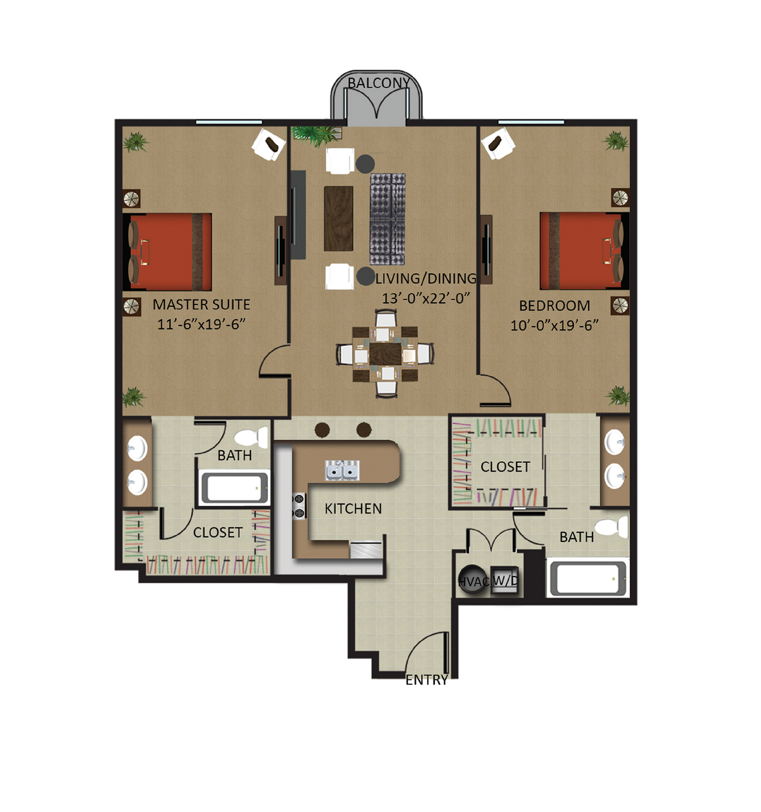 Floor plan for 2 beds, 2 baths, 1079 sqft